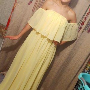 Vintage Inspired Chiffon Off Shoulder Gown Yellow